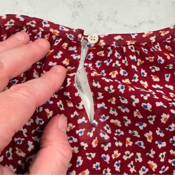 Madewell Women's Burgundy Floral Chiffon Top Short Sleeve Dress Shirt Lined - Picture 5 of 12